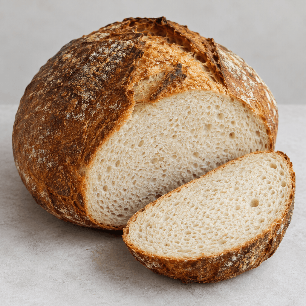 A large, round loaf with a thick, deeply browned crust and a pale, close-textured interior dotted with small irregular holes, shown whole beside a cut slice.