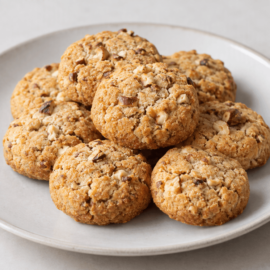 Small, thick, round golden-brown cookies with a lightly cracked, crumbly surface and visible flecks of chopped hazelnut, arranged on a plate.