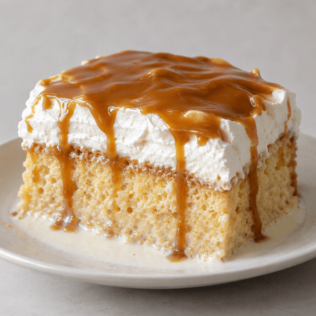 A rectangular slice of pale golden sponge cake sits on a plate, visibly saturated with milk, topped with a thick white whipped-cream layer and covered in glossy caramel-colored sauce that drips in narrow streaks down the sides.