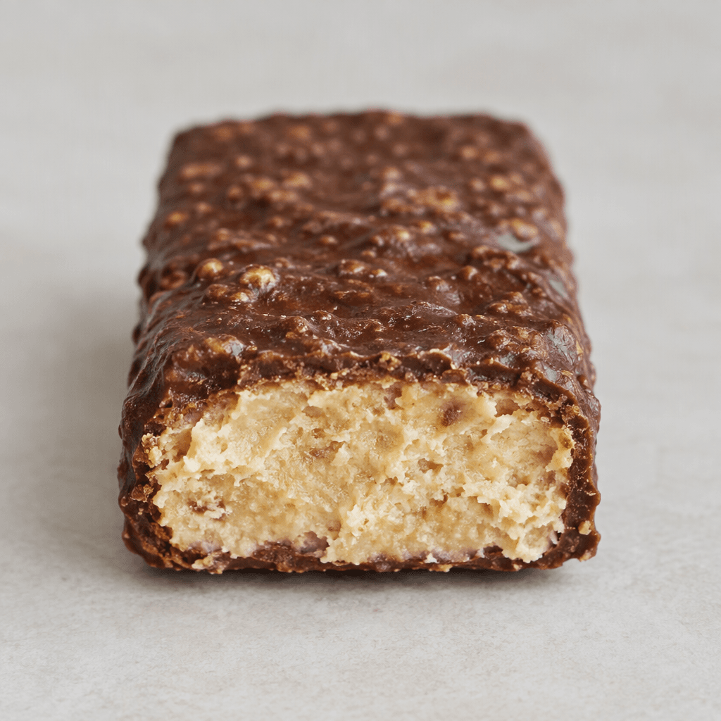 A compact rectangular chocolate-brown protein bar with a slightly uneven, textured surface and a pale banana-colored interior visible where it is cut.