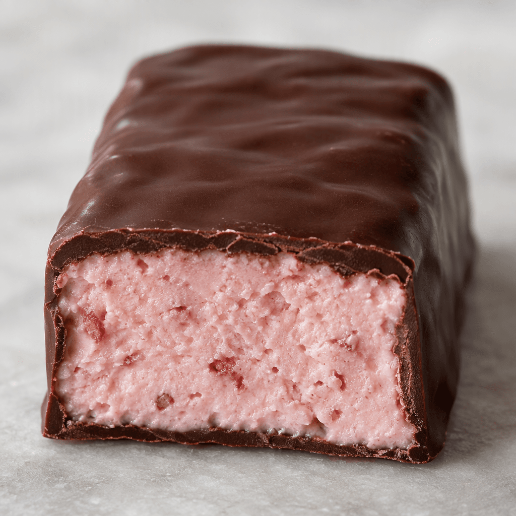 A compact rectangular bar with a smooth dark-brown chocolate coating and a cut face showing a pale pink, lightly textured filling.