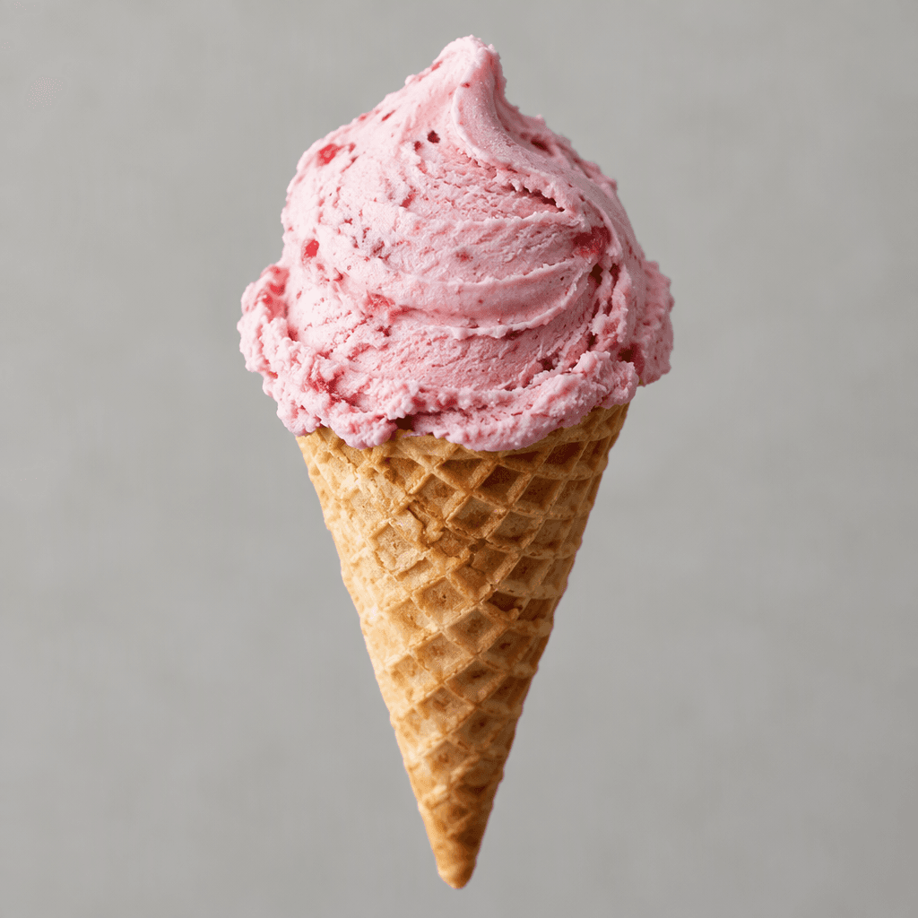 A small, pointed wafer cone is filled with pale pink strawberry ice cream, with a rounded swirl rising above the rim.