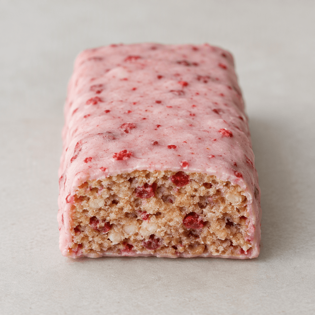 A short, rectangular strawberry protein bar with a pale pink coating, scattered red fruit flecks, and a dense, slightly textured interior visible at the cut end.