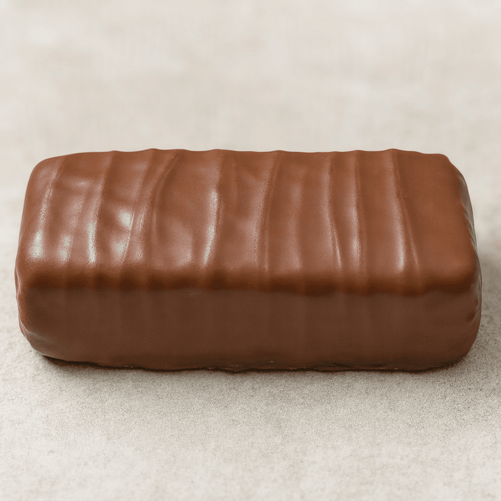 A compact, rectangular protein bar with rounded corners, coated in smooth medium-brown milk chocolate and lightly ridged across the top.