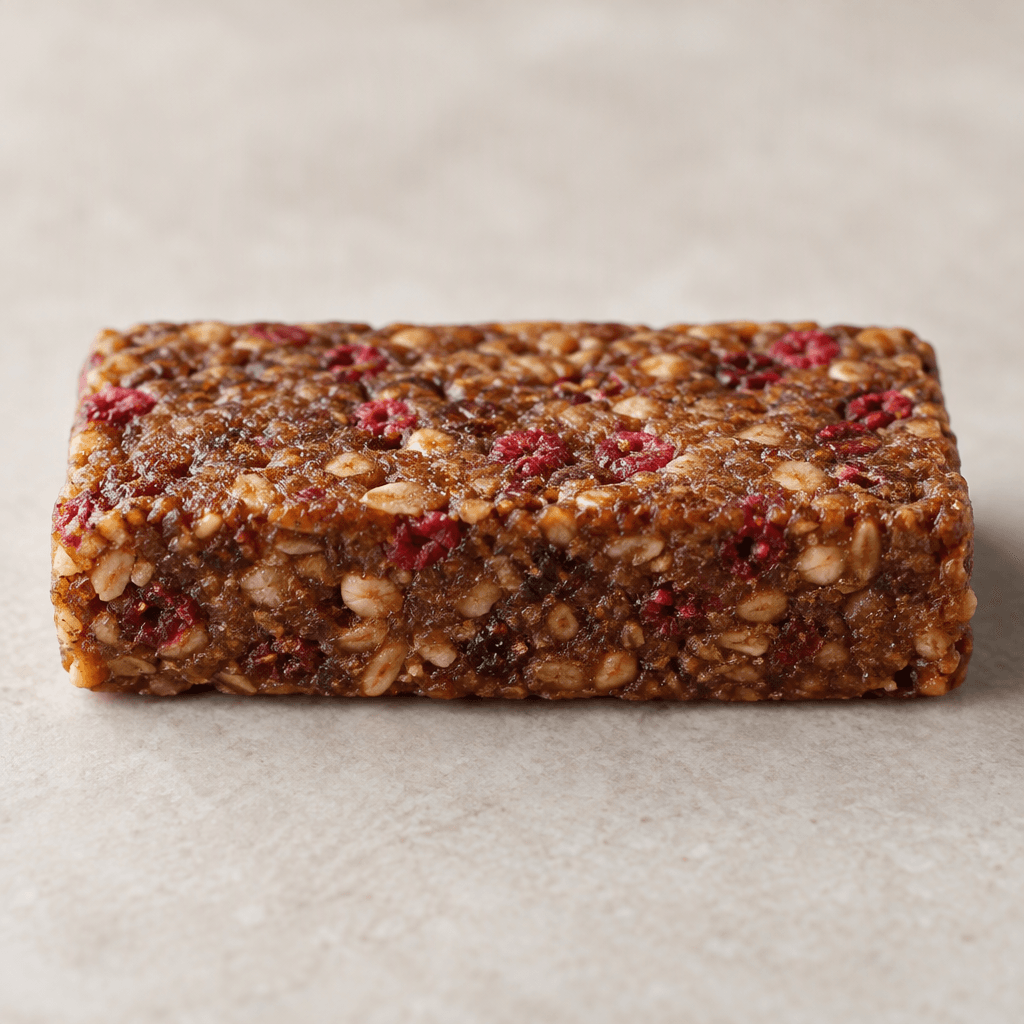 A compact rectangular bar with a dense, slightly rough brown surface and scattered reddish-pink flecks, shown on its own.