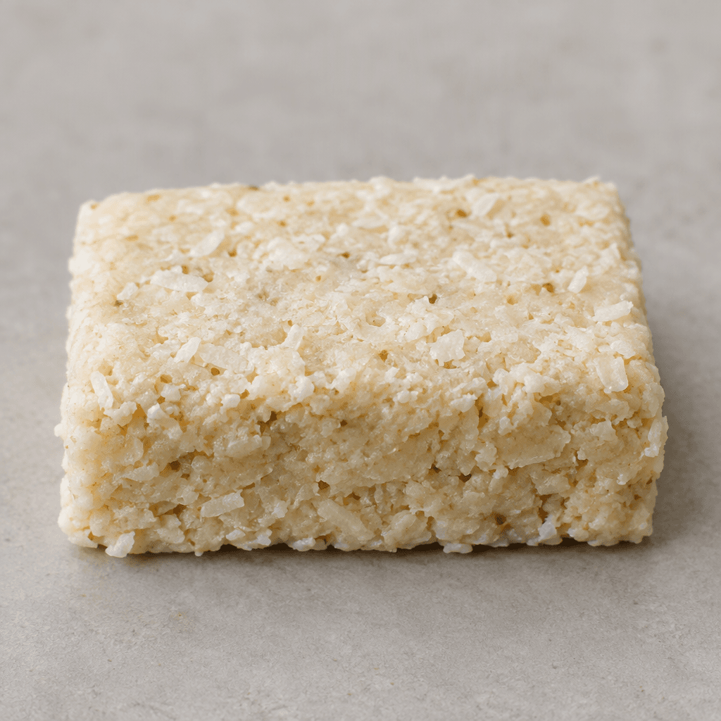 A compact rectangular coconut bar with a pale cream surface dotted with fine coconut flecks, shown whole with a slightly rough, dense texture.