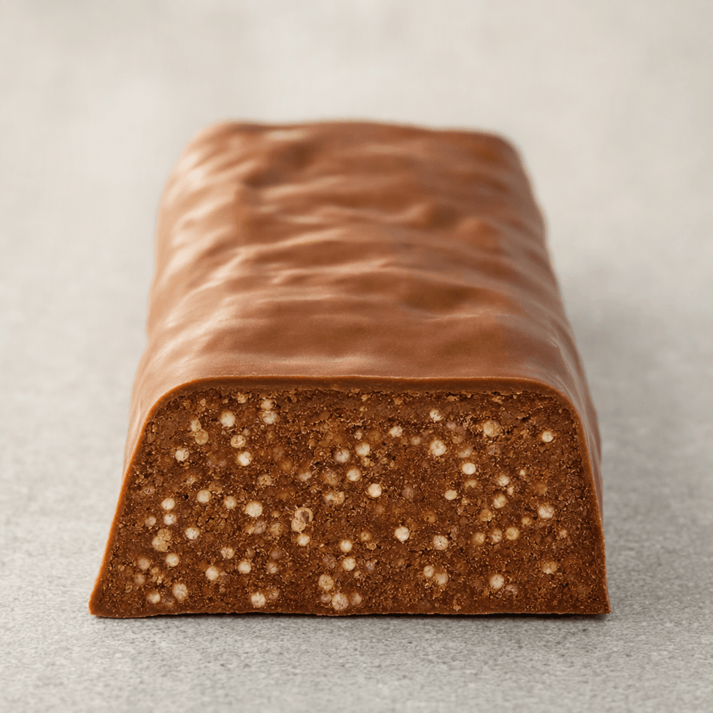 An oblong rectangular bar with a milk-chocolate-brown coating, a slightly textured surface, and a cut end showing a dense brown interior dotted with small pale quinoa crisps.