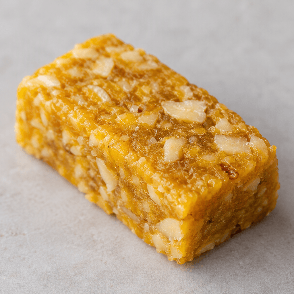 A compact, rectangular golden-yellow bar with a slightly uneven, firm-looking surface and small pale pieces visible throughout.