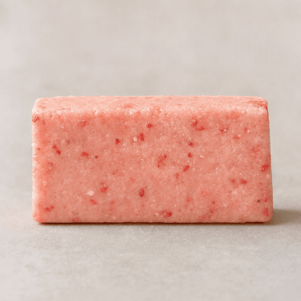 A small, rectangular strawberry protein bar with a pale pink, slightly textured surface and a few darker pink flecks, shown on its own.