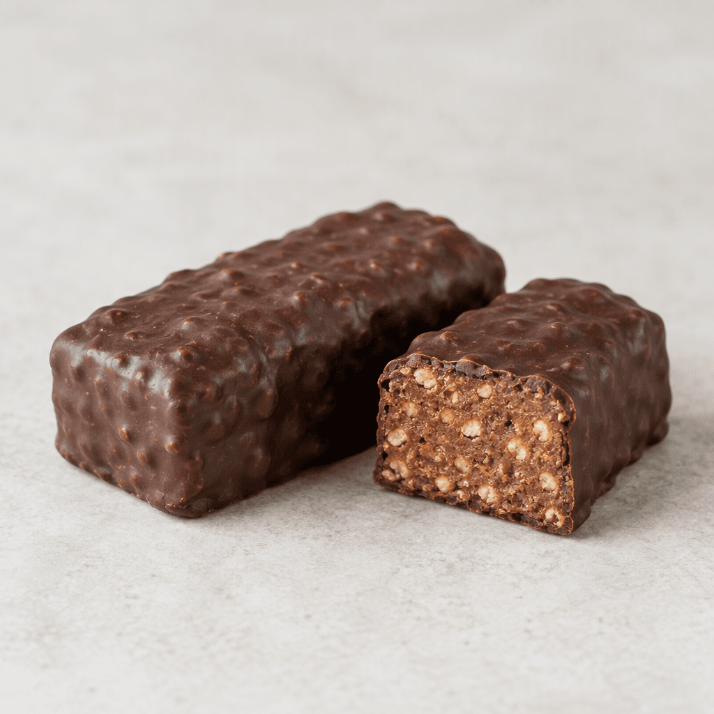 A short, rectangular bar with a dark chocolate-brown coating and a dense, lighter-brown interior dotted with small crunchy pieces, shown whole beside a cut section.