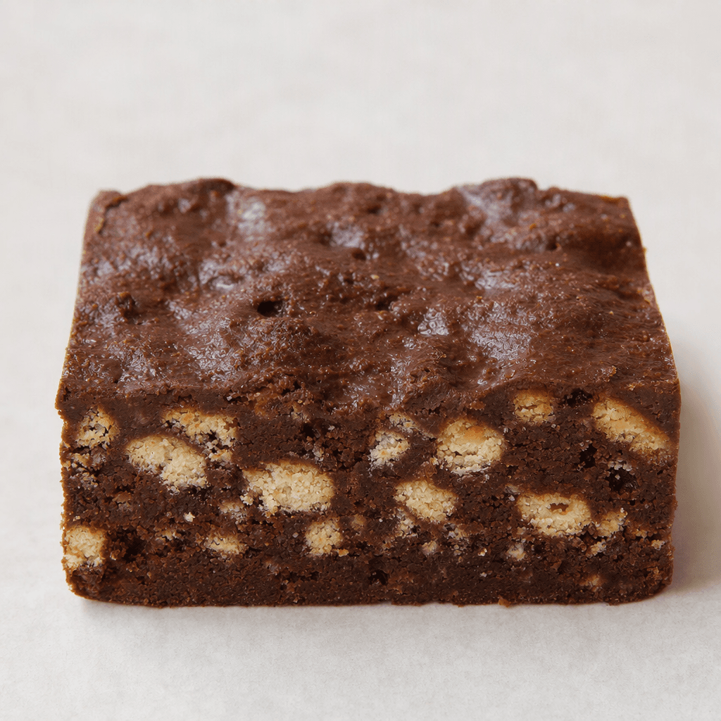 A compact, rectangular dark-brown bar with a slightly rough chocolate-coated surface and small pale cookie pieces visible throughout.