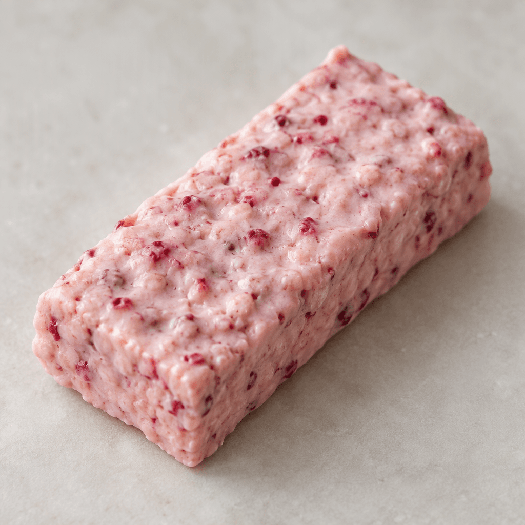 A compact rectangular protein bar with a pale pink coating and an uneven, softly textured surface, with small darker pink flecks visible throughout.