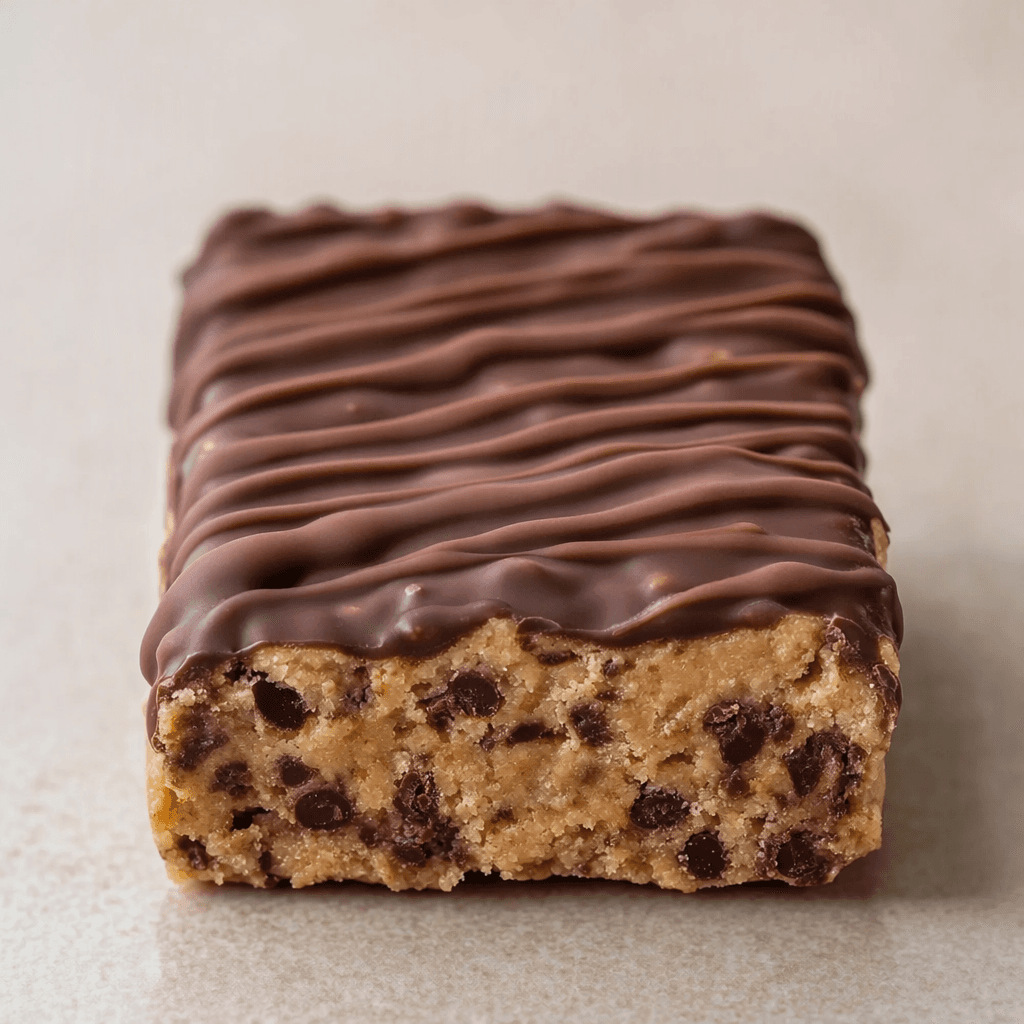 A rectangular, individually sized protein bar with a compact, slightly uneven surface, a pale cookie-colored base dotted with darker chocolate pieces, and a smooth dark chocolate coating or drizzle.