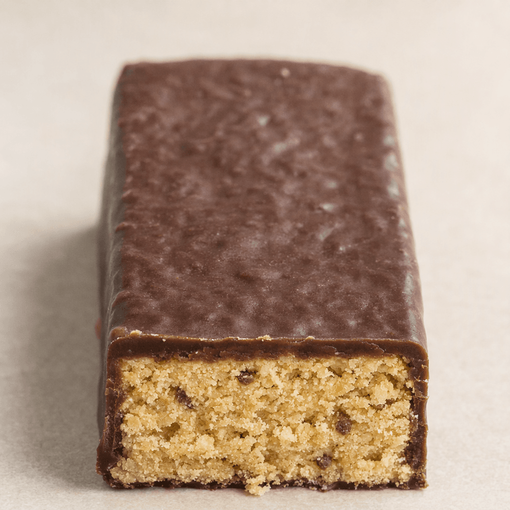 A compact rectangular protein bar with a dark chocolate-colored coating and a slightly pebbled surface, shown with a pale, crumbly cookie-textured interior visible at one end.