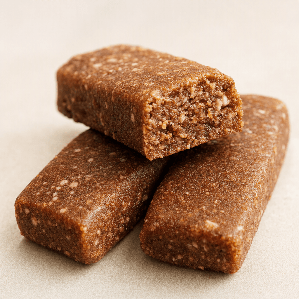 A compact, rectangular brown snack bar with a slightly textured surface and small pale flecks, shown whole beside a cut piece that reveals a dense, grainy interior.