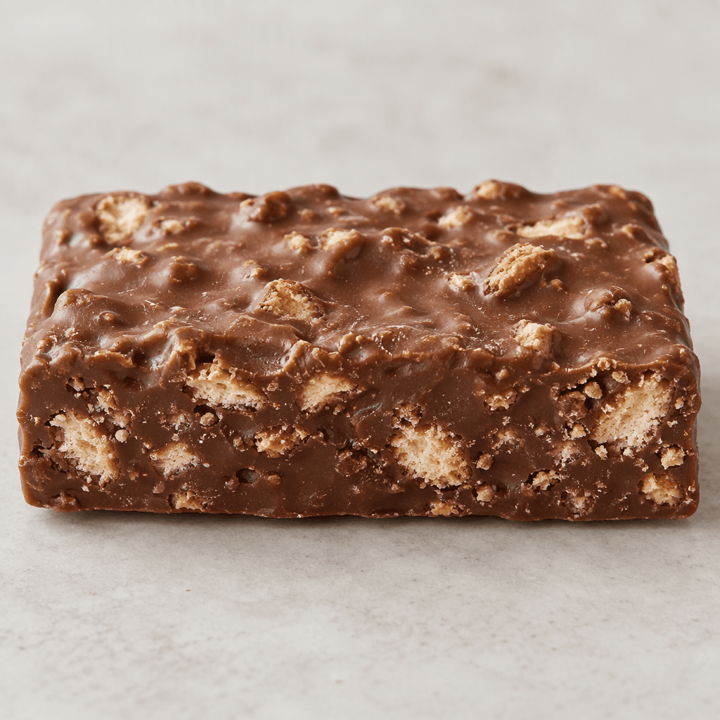 A rectangular, milk-chocolate-brown bar with a slightly uneven surface and small pale cookie pieces visible throughout.