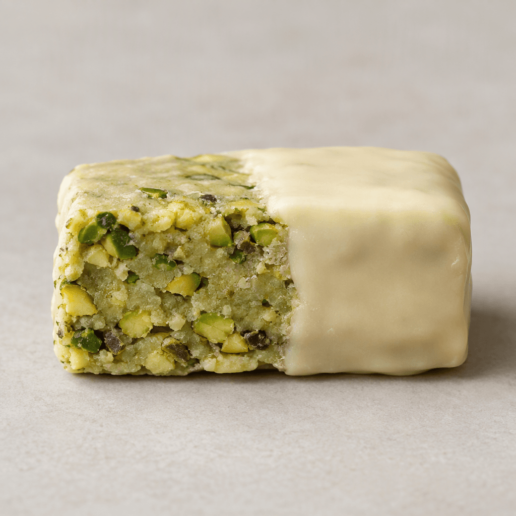 A compact rectangular bar with a dense pale-green interior flecked with chopped pistachio pieces, partly covered in a smooth light-colored coating.