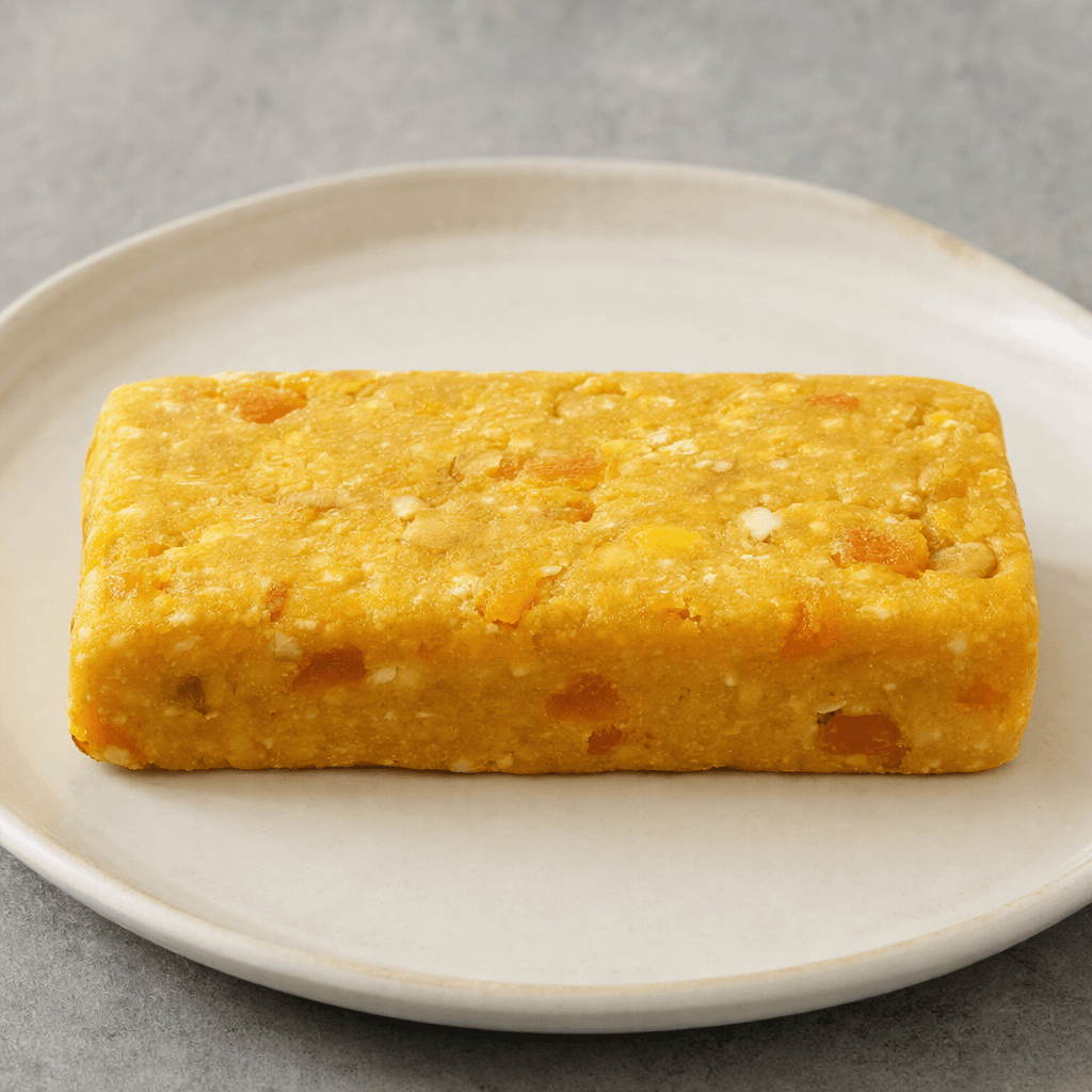 A rectangular golden-yellow protein bar with a firm, slightly uneven surface and small orange mango pieces visible throughout, served on a plain plate.
