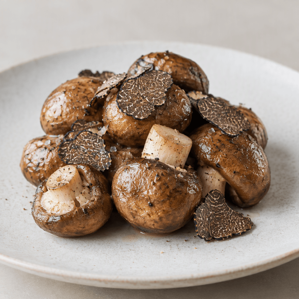 Brown mushrooms with rounded caps and pale stems are arranged on a plate, topped with a few thin, dark truffle shavings.