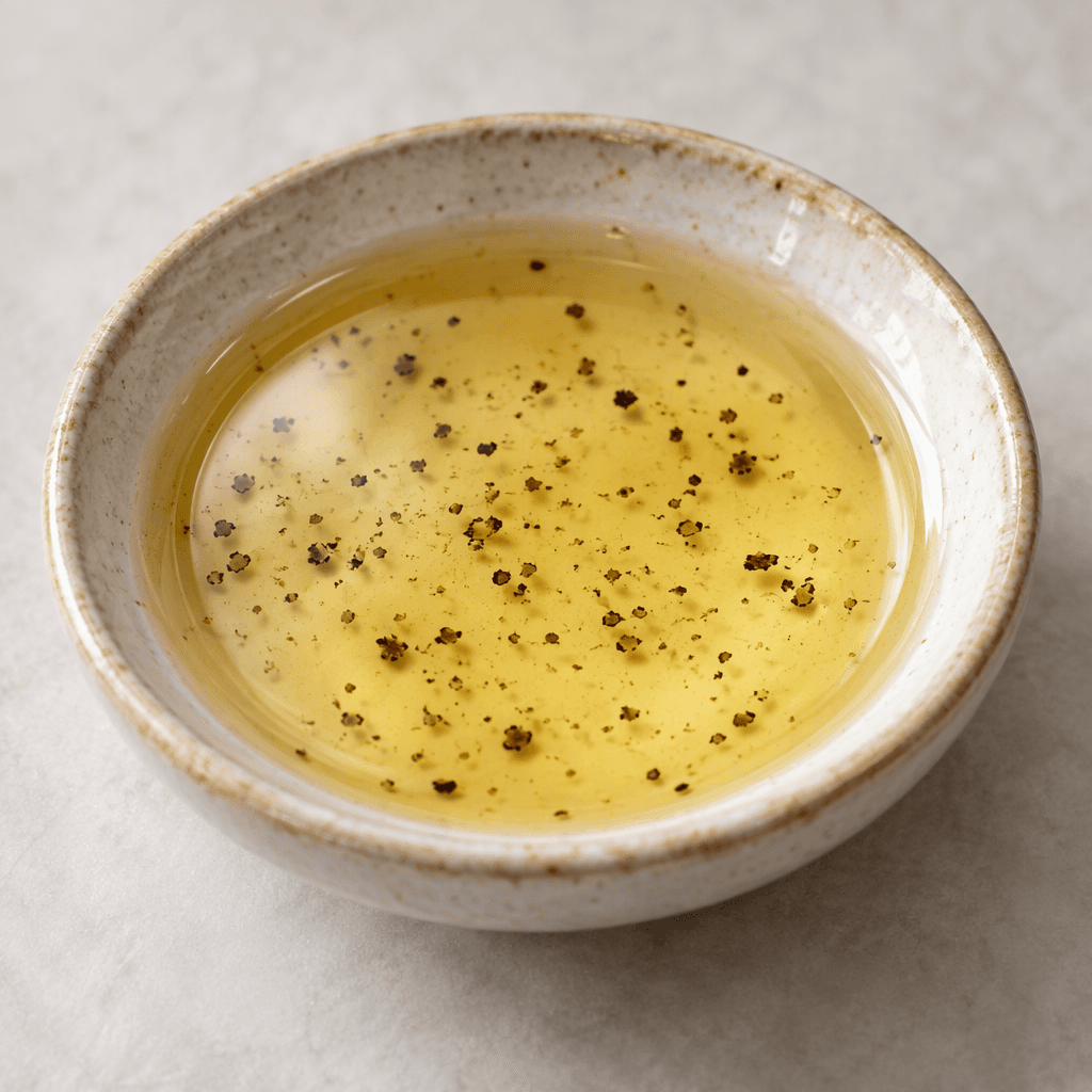 A clear, glossy, pale golden oil pools in a small shallow dish, with a few fine dark truffle flecks suspended in it.