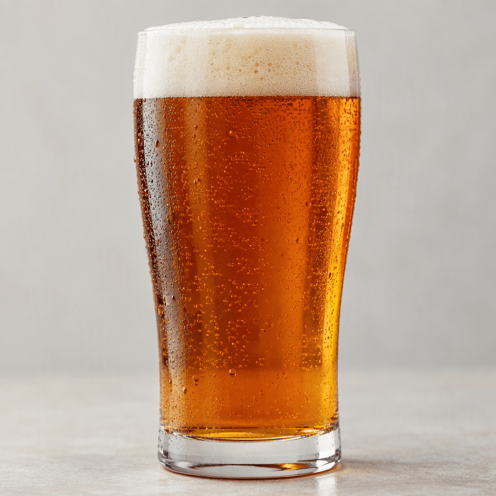 Clear amber-copper beer sits in a tall glass, with fine bubbles rising through it and a creamy off-white foam head.