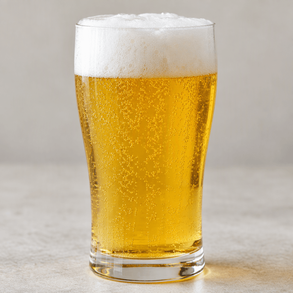 Pale golden, translucent carbonated beer fills a clear glass, topped with a thick white foamy head and fine bubbles rising through the liquid.