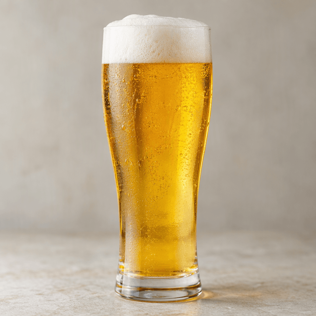 A 50 cl serving of clear golden beer in a tall glass, topped with a creamy white foam head.