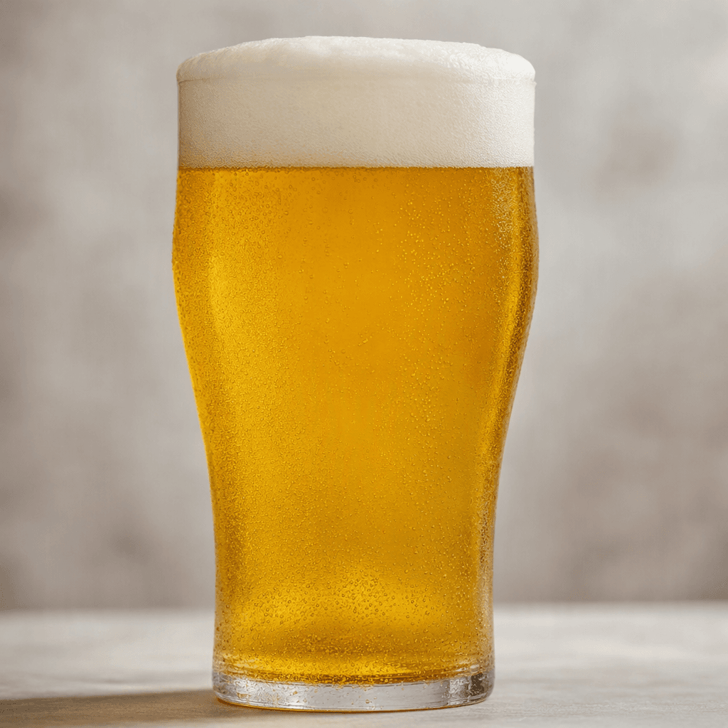 Clear golden beer with fine rising bubbles and a creamy white foam head, served in a transparent glass.