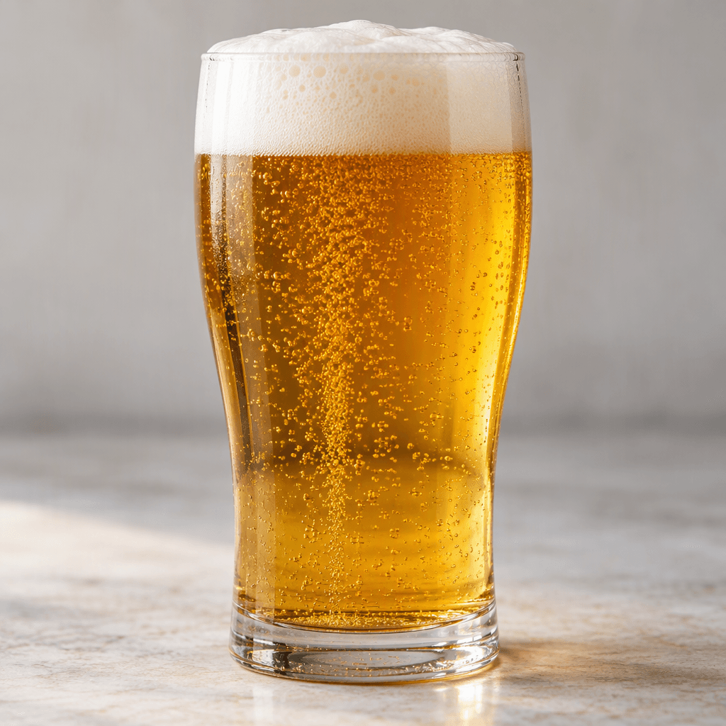 Clear golden-amber beer fills a tall glass, with fine bubbles rising beneath a thick white foamy head.