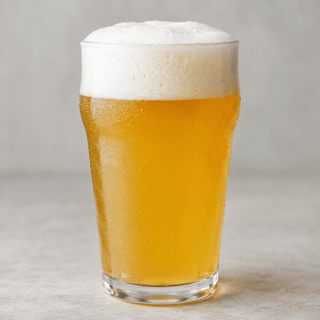 A hazy golden beer sits in a clear glass, topped with a thick cap of creamy white foam.