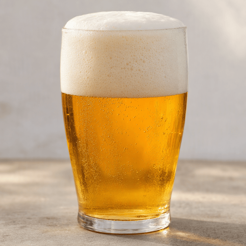 Clear golden beer sits in a glass beneath a thick, creamy white foam head.