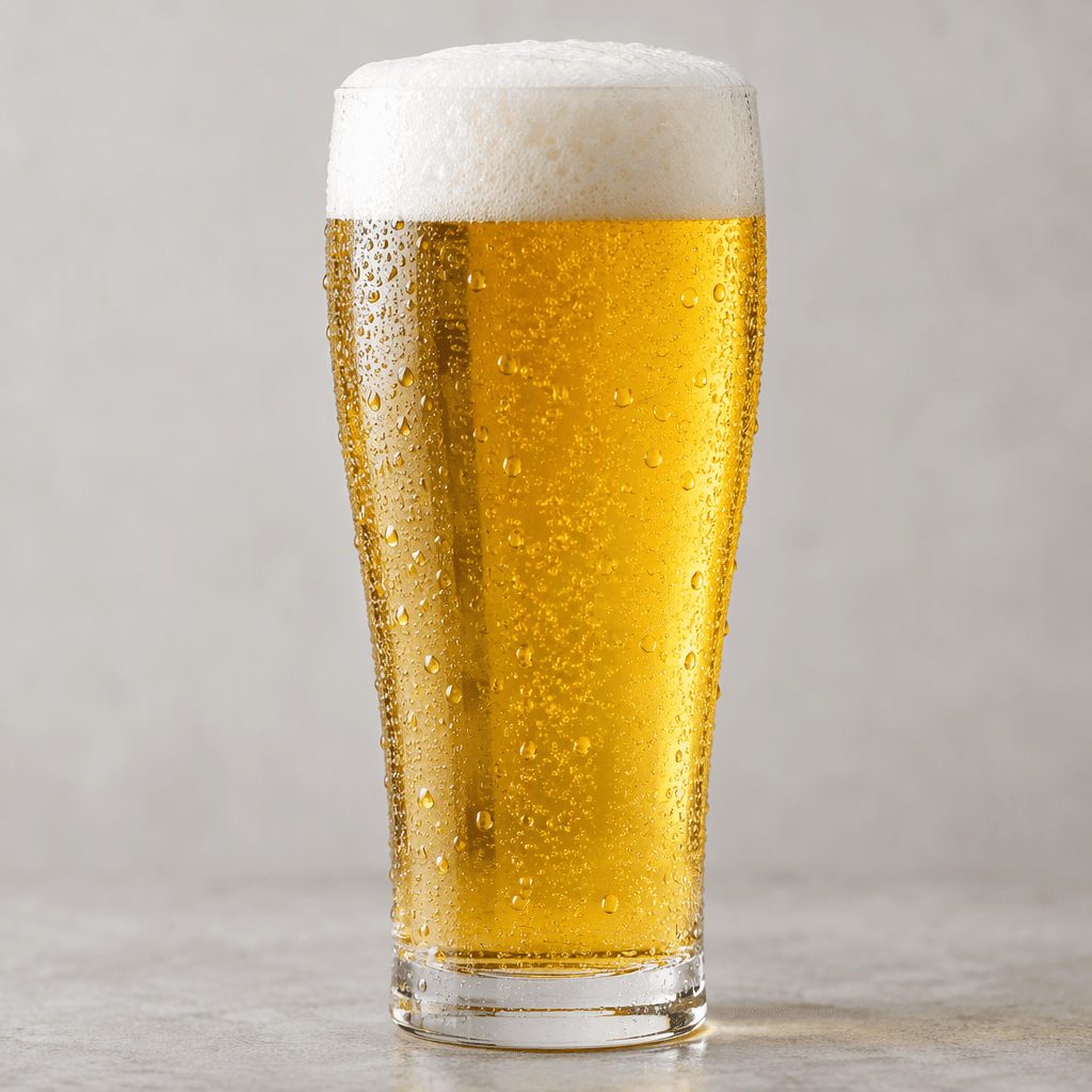 A clear pale-golden lager fills a tall transparent beer glass, topped with a thick white foamy head and fine rising bubbles, with beads of condensation on the outside.