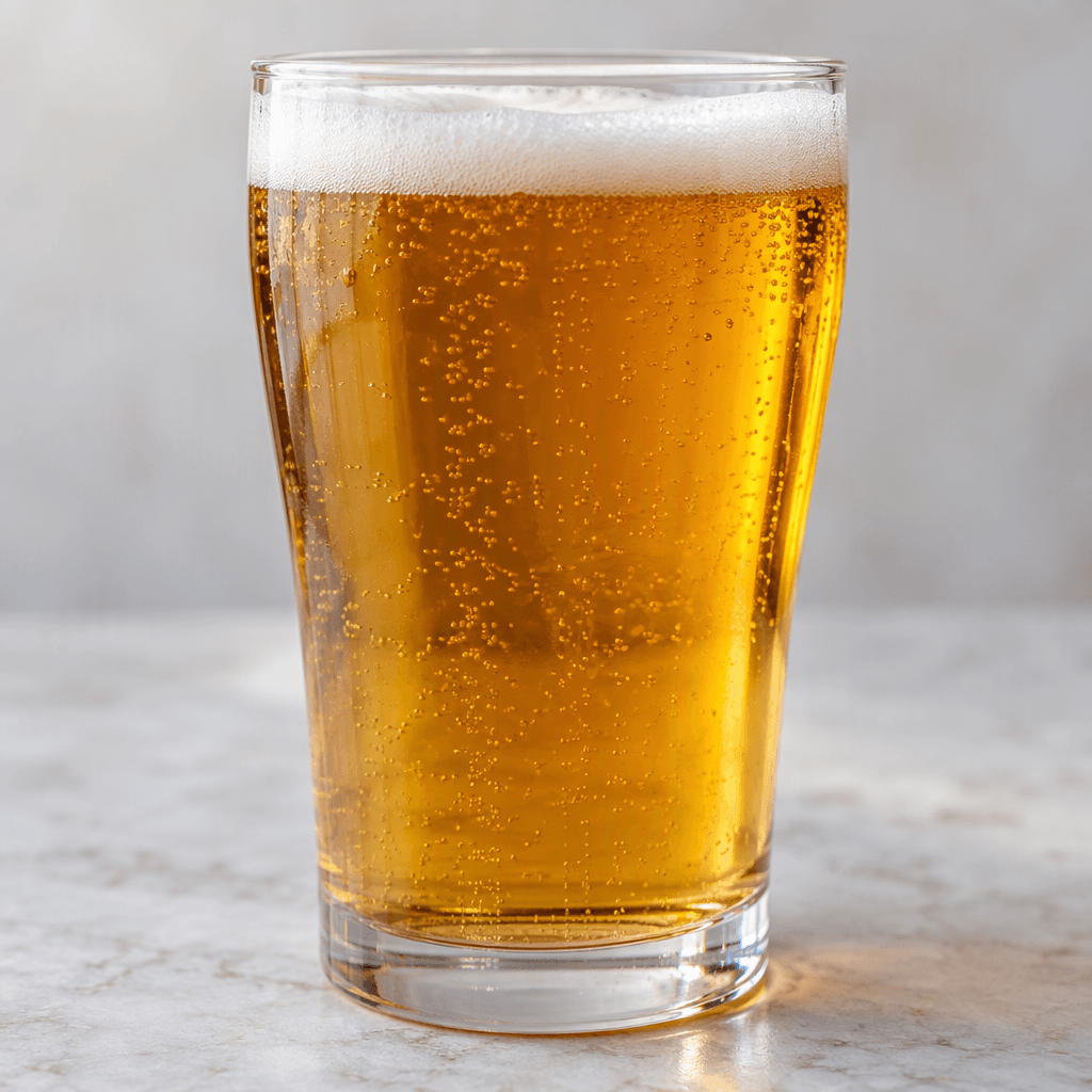 A clear glass holds a translucent golden-amber malt drink topped with a thin layer of white foam.