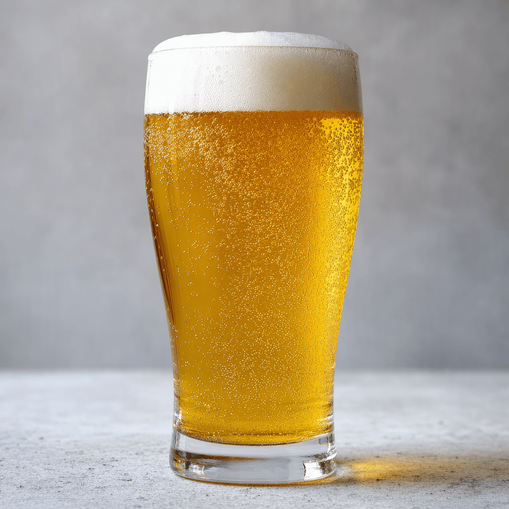 A clear golden beer sits in a tall glass, topped with a soft cap of white foam and fine bubbles rising through the liquid.