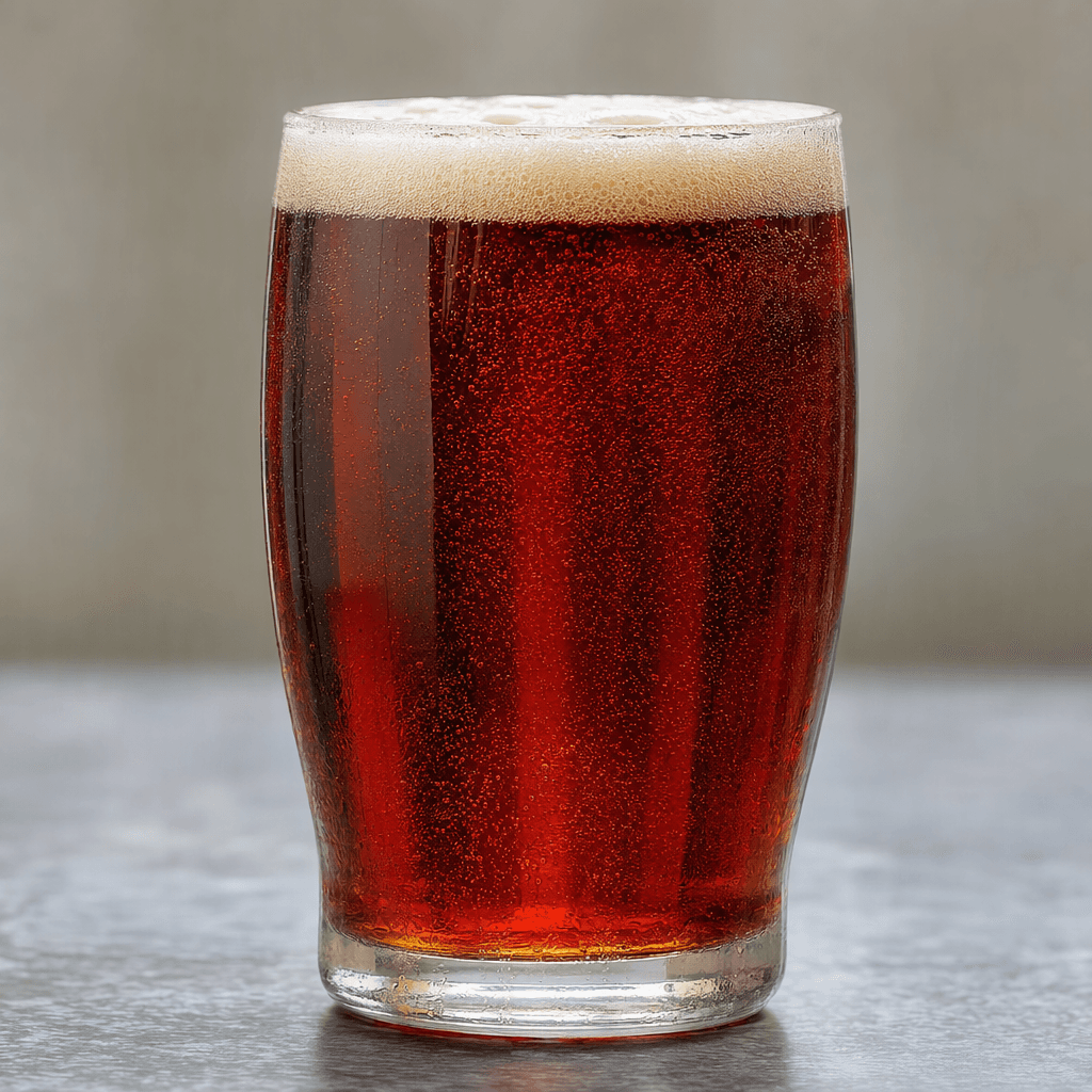 A clear, deep amber-red beer with fine bubbles and a thin, creamy off-white foam head, served in a glass.