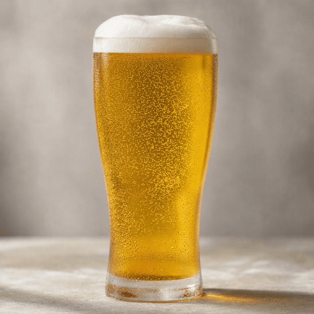 A clear, pale golden beer sits in a tall glass, with fine bubbles rising through it and a thin cap of white foam.