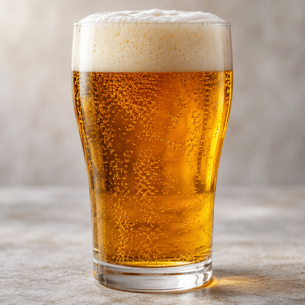 A clear glass of deep golden-amber beer with fine bubbles rising through it and a thick, creamy off-white foam head.