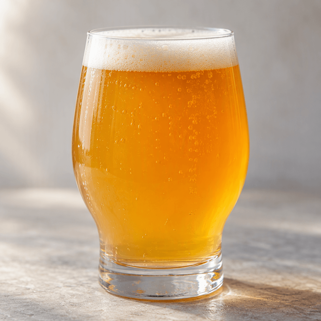 A golden-orange, slightly hazy beer sits in a clear glass beneath a thin cap of pale foam.