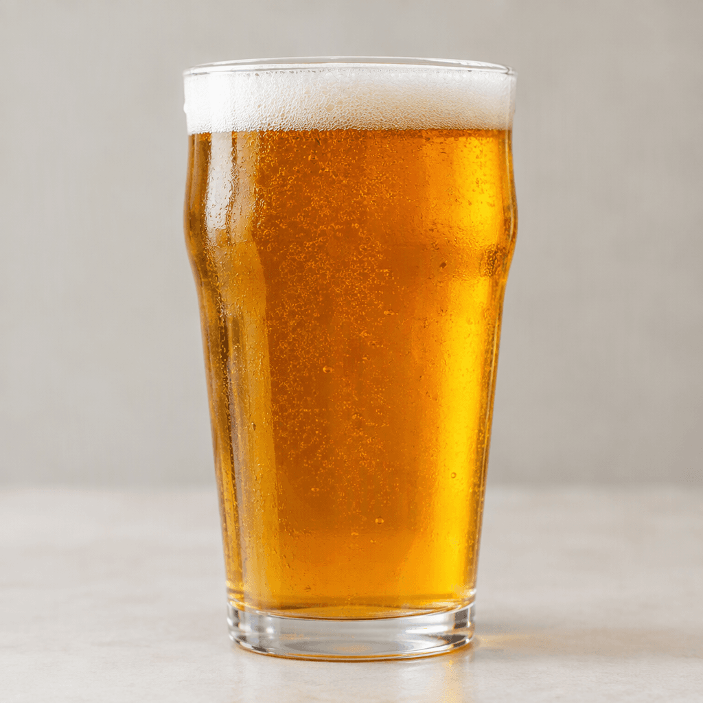 A clear glass holds deep golden-amber beer with a fine, pale foam head.