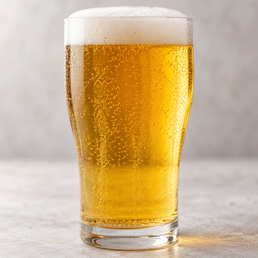 A clear golden beer with fine bubbles and a soft white foam head, served in a transparent glass.