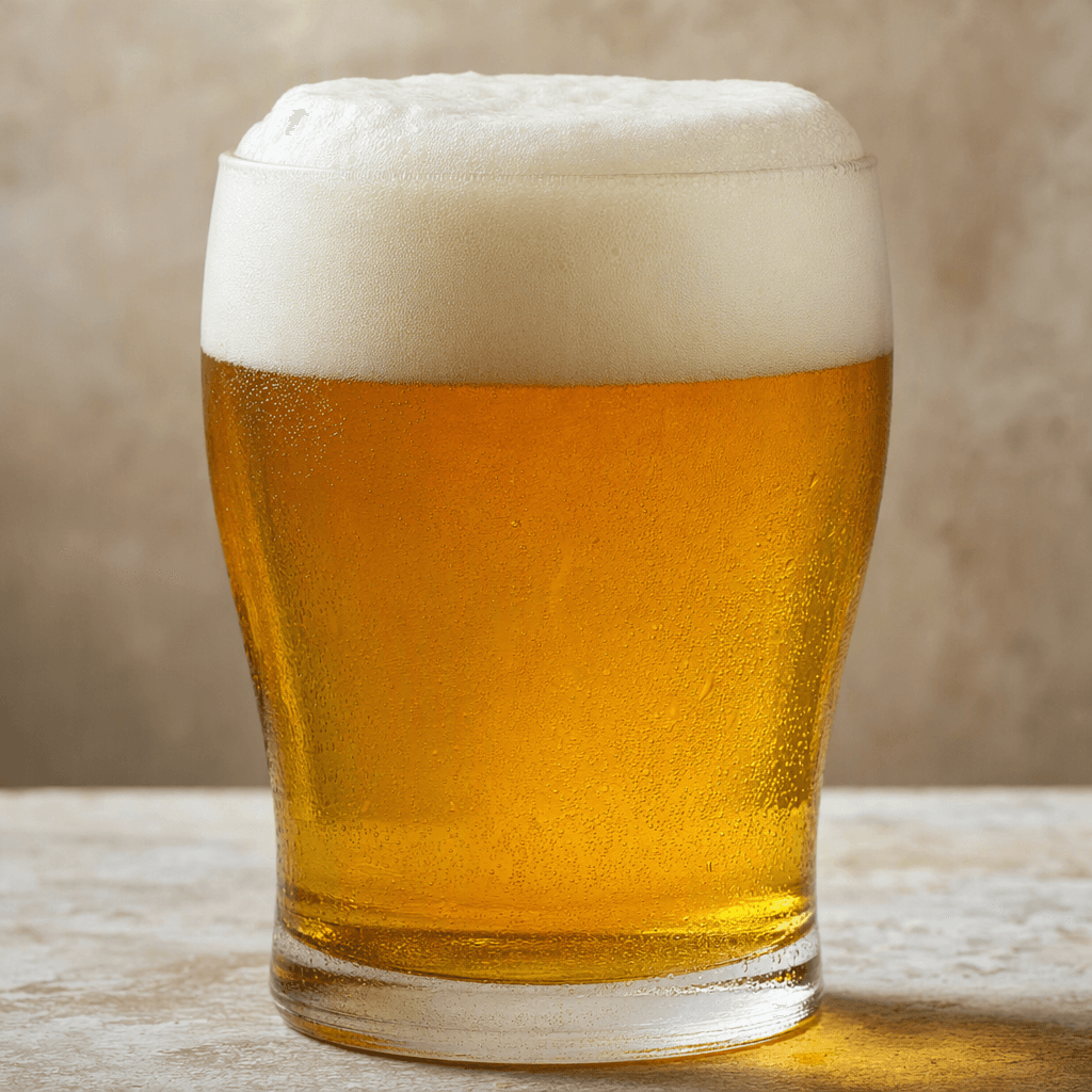 A clear, deep golden-amber beer sits in a glass beneath a thick, creamy white foam head.