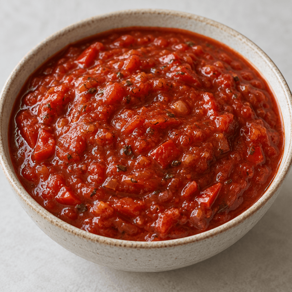 A thick, glossy deep-red sauce with small visible pieces of tomato and pepper, served in a shallow bowl.