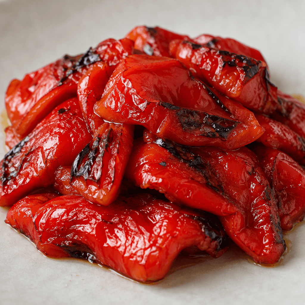 Glossy, deep-red roasted pepper pieces with soft, slightly wrinkled surfaces and a few darker charred patches are arranged in a small pile.