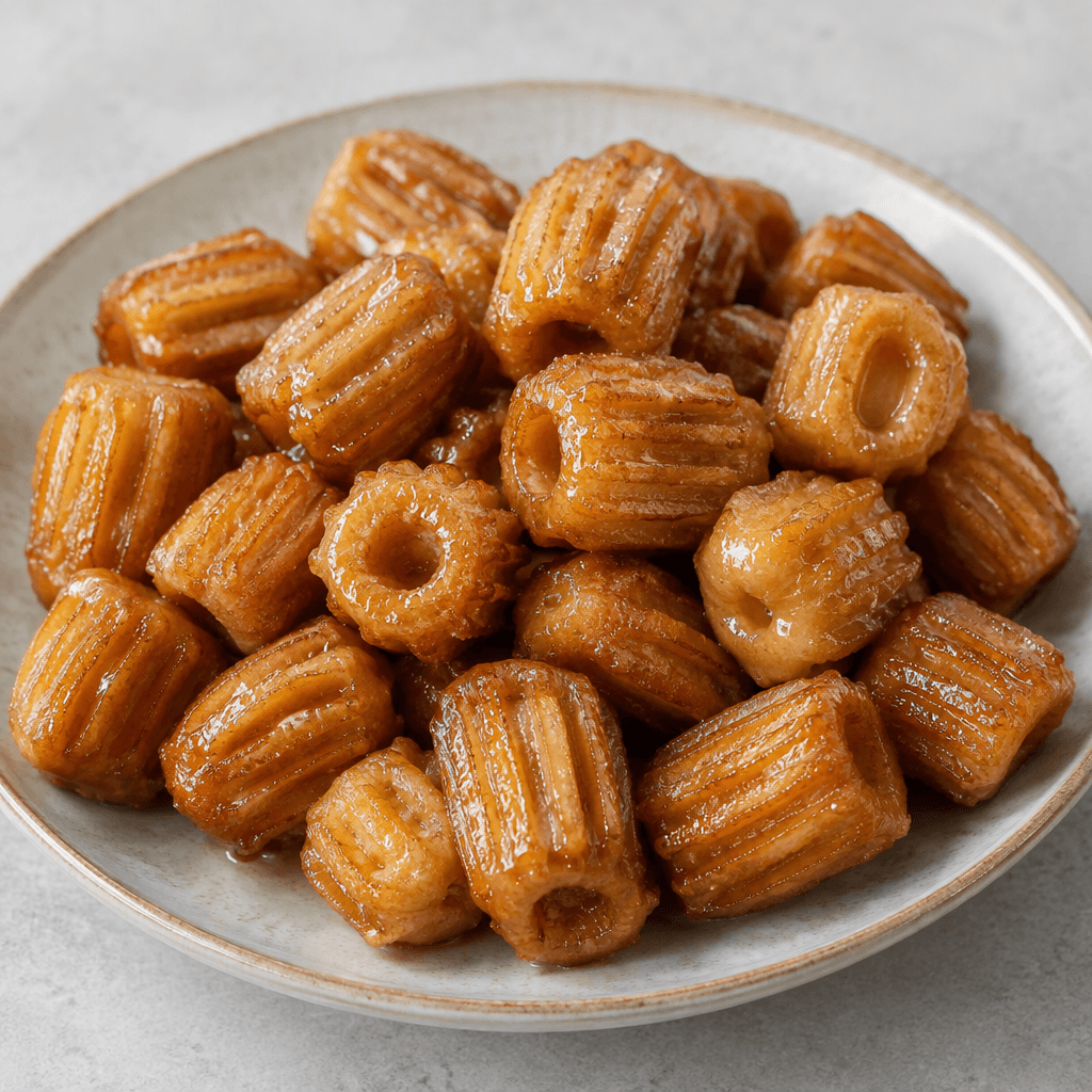 Small, golden-brown ridged pastry pieces with hollow or slightly indented centers, glossy from clear syrup and arranged in a loose pile on a serving plate.