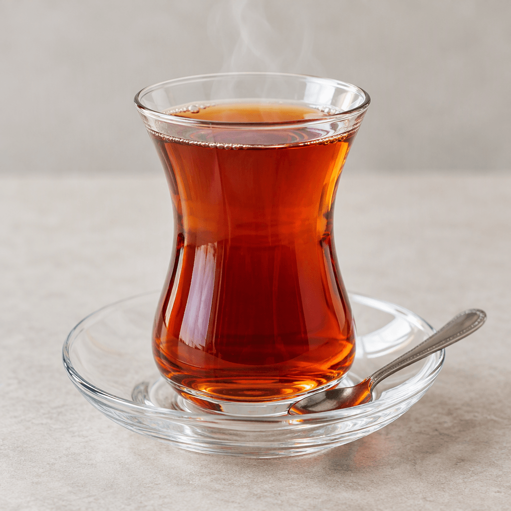 Deep amber-red, translucent tea served hot in a small, narrow-waisted tulip-shaped glass on a matching saucer, with a small metal spoon beside it.