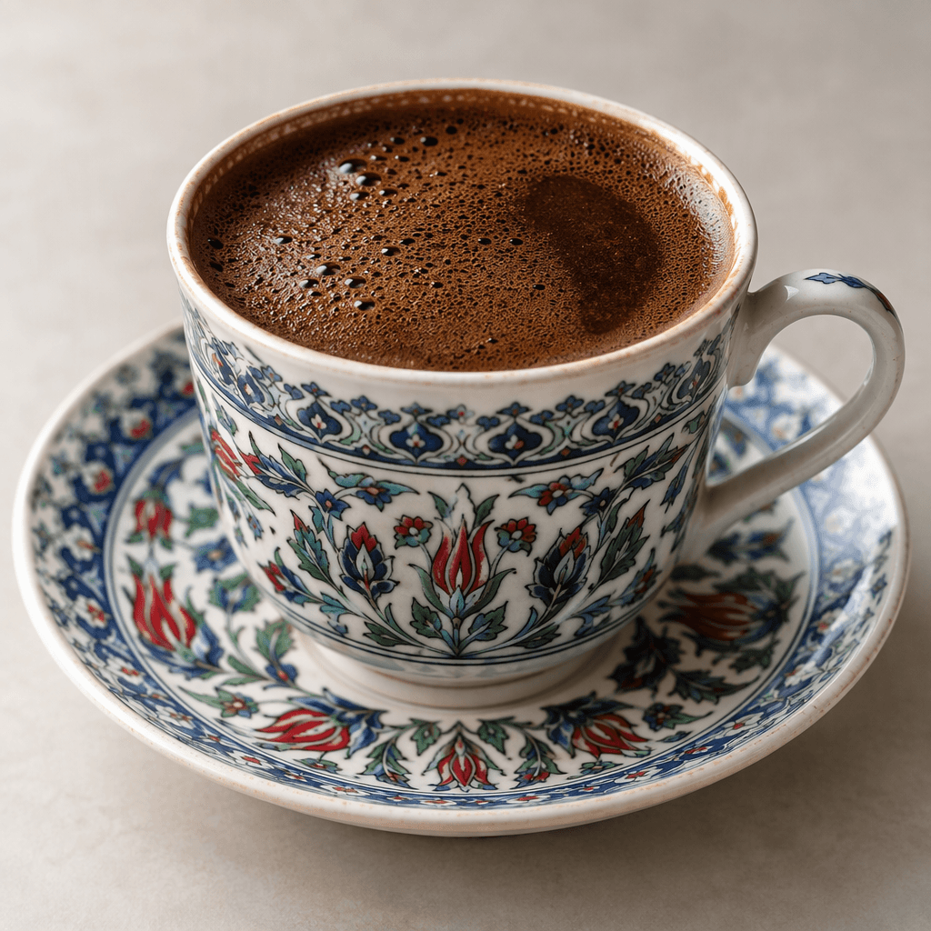 Tabakta duran büyük kulplu fincanın içindeki koyu kahverengi, opak kahvenin yüzeyinde ince, açık kahverengi köpük ve birkaç küçük kabarcık görülür.