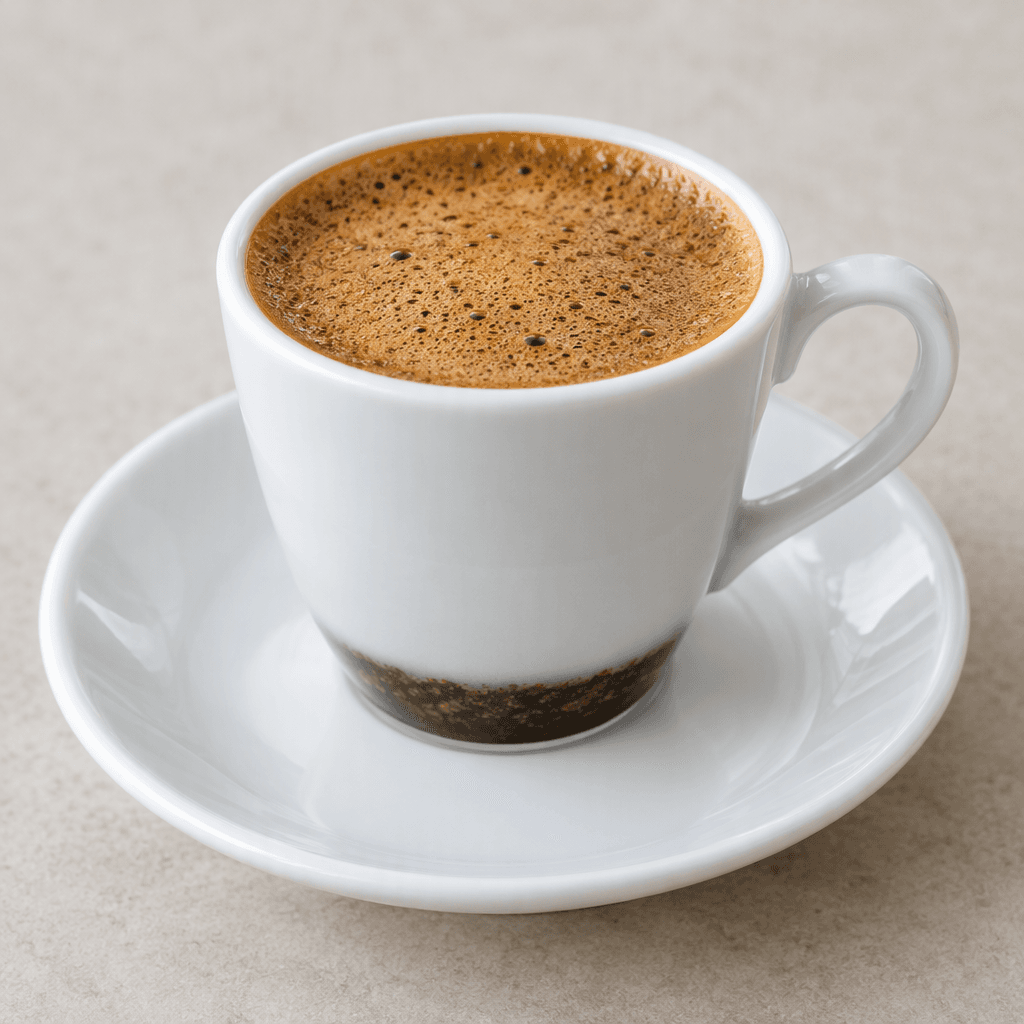 A double portion of Turkish coffee sits in a small white porcelain cup, its surface dark, nearly black-brown and topped with a dense layer of fine tan foam, with a little dark sediment visible at the bottom and the cup resting on a matching saucer.