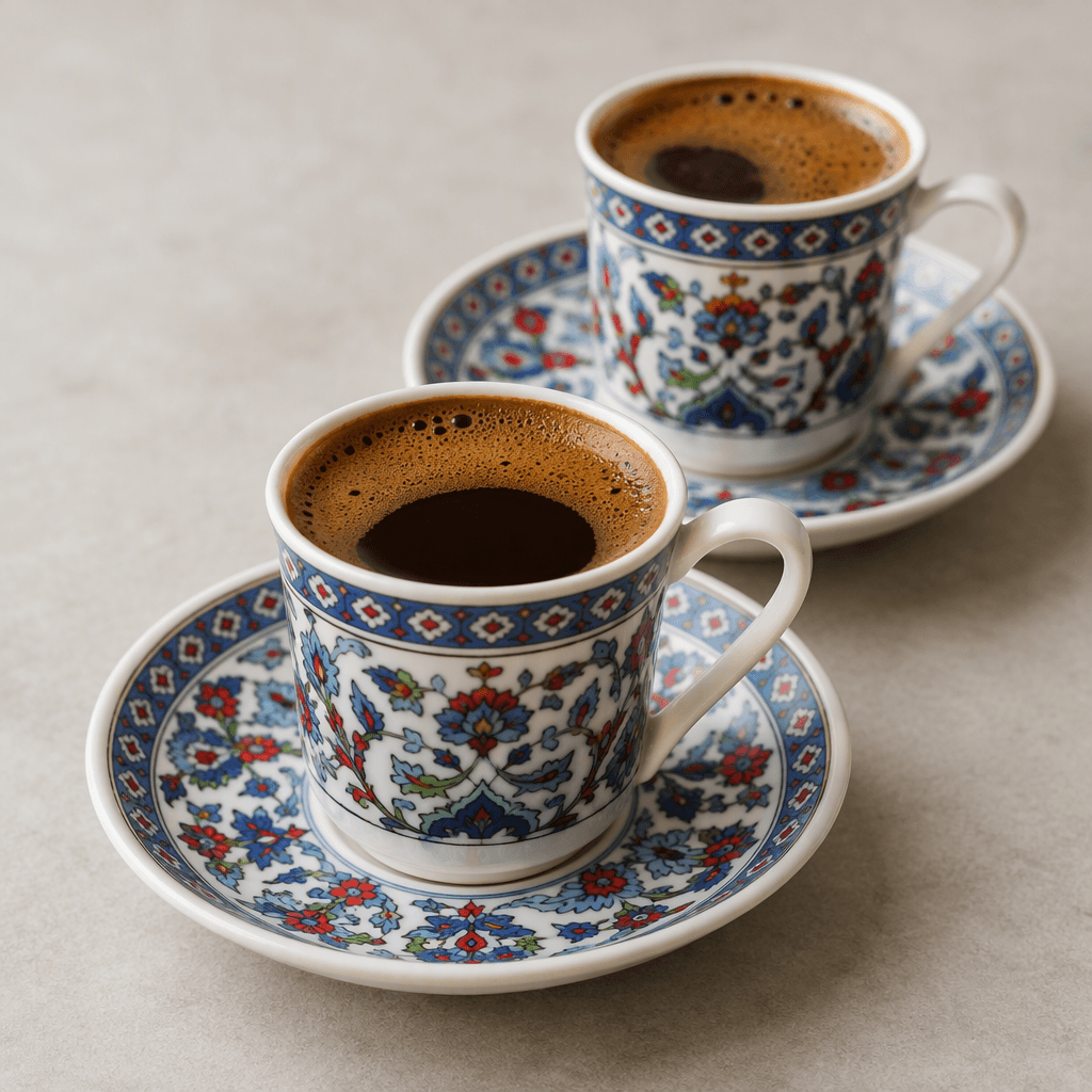 A small traditional cup filled with nearly black, opaque Turkish coffee, topped with a thin layer of tawny foam and served on a matching saucer, with a second portion indicating the double serving.