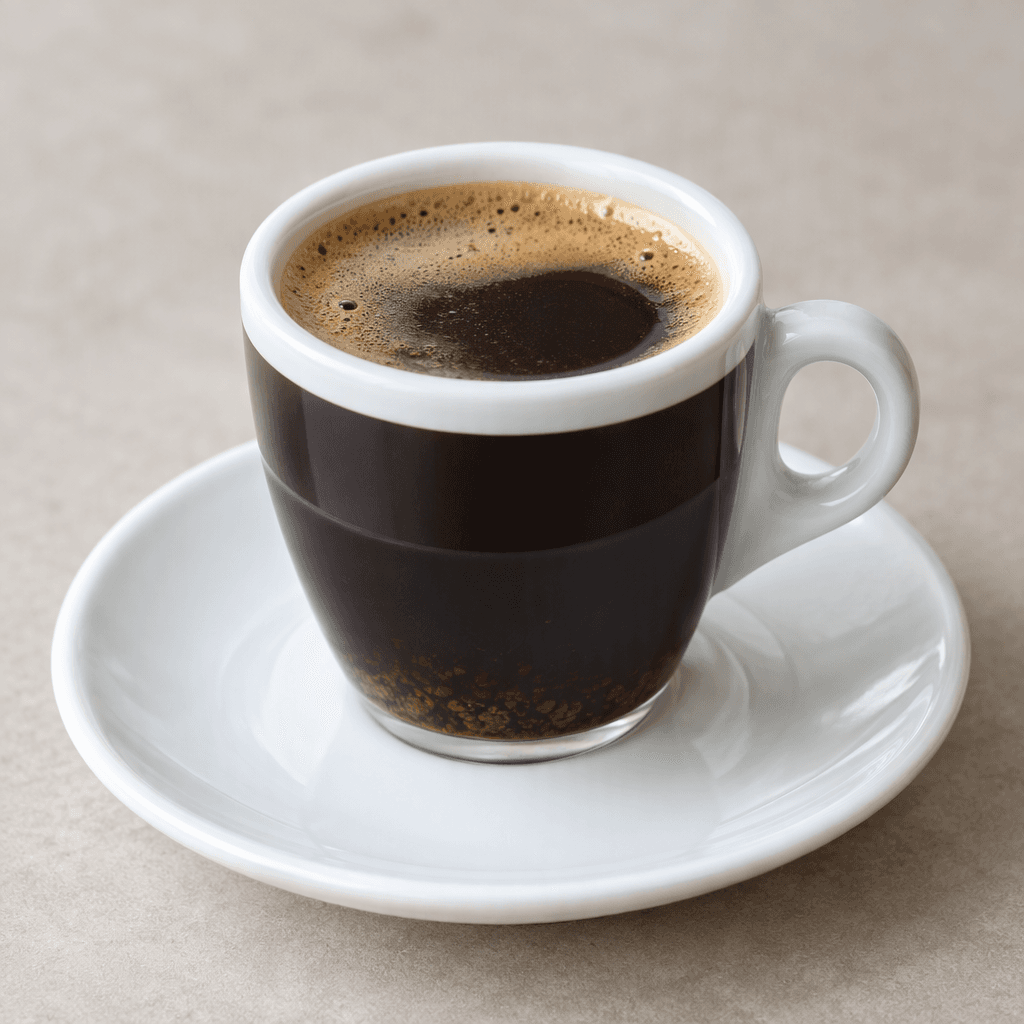 A small porcelain demitasse is filled with nearly opaque, very dark brown coffee topped by a thin layer of light tan foam, with a few fine coffee grounds settled at the bottom.