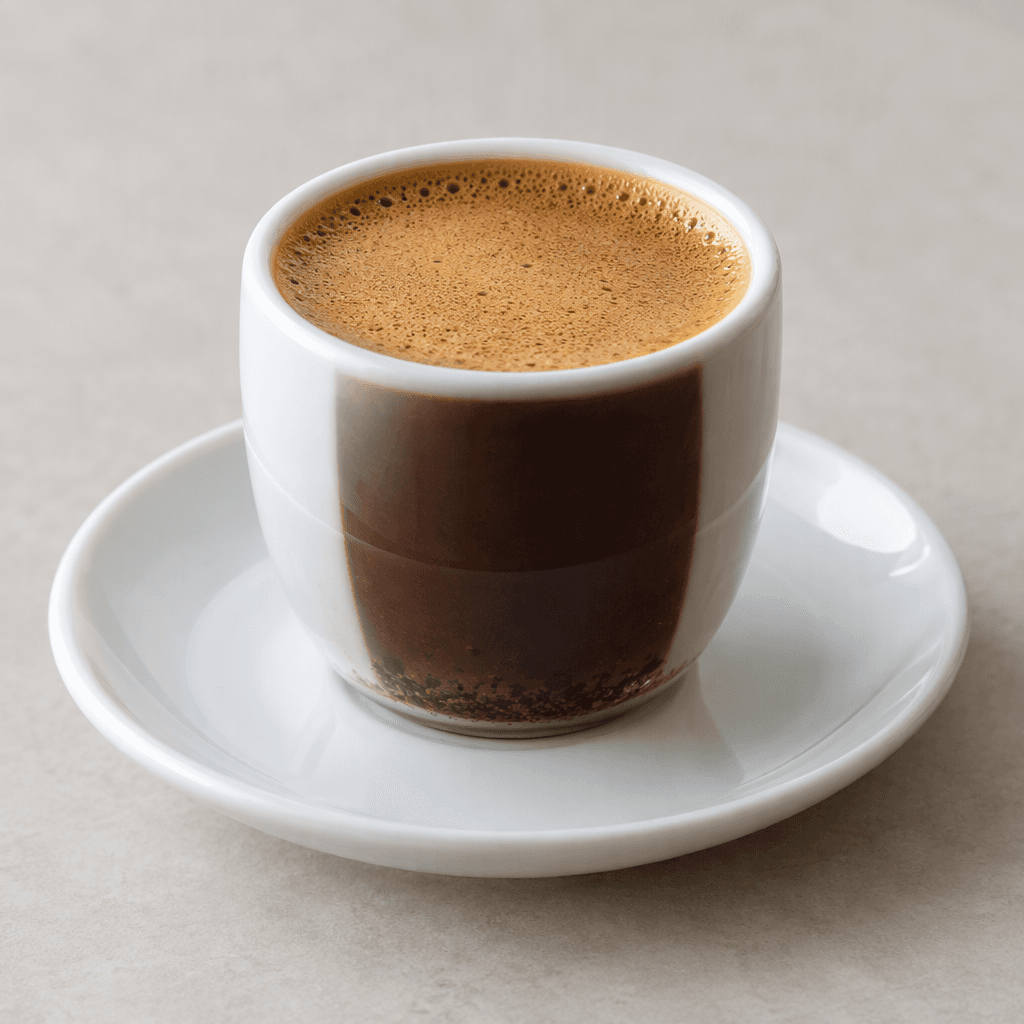 A small handleless porcelain cup filled with thick, opaque dark-brown coffee topped by a thin layer of fine tan foam, resting on a matching saucer with a few dark grounds settled at the bottom edge.